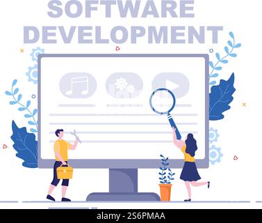 Software Development and Programming Code on Computer Vector Illustration for Technology, Engineer Team, coding, Marketing Material, Business and Presentation Stock Vector