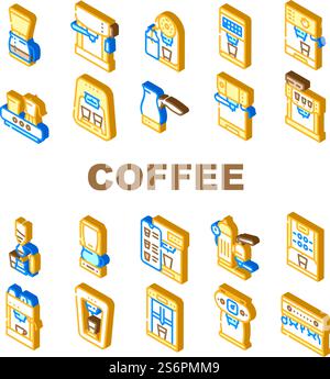 Coffee Machine Barista Equipment Icons Set Vector. Electric Turk For Brewing Energy Drink And Vintage Coffee Machine, Drip Filtration And Geyser Device Technology Isometric Sign Color Illustrations. Coffee Machine Barista Equipment Icons Set Vector Stock Vector