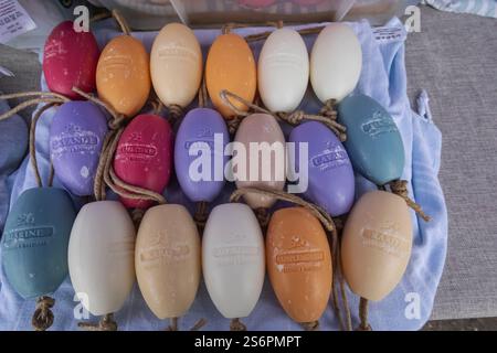 England, Kent, Deal, Deal Saturday Market, Colourful display of Soaps Stock Photo