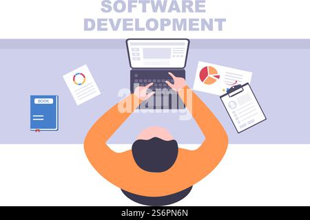 Software Development and Programming Code on Computer Vector Illustration for Technology, Engineer Team, coding, Marketing Material, Business and Presentation Stock Vector