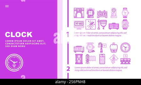 Clock And Watch Time Equipment Landing Web Page Header Banner Template Vector. Floor Antique Clock And Digital Hand Gadget, Chess Game Tool And Gps Device, Sandy And Sundial, Mechanical Illustration. Clock And Watch Time Equipment Landing Header Vector Stock Vector
