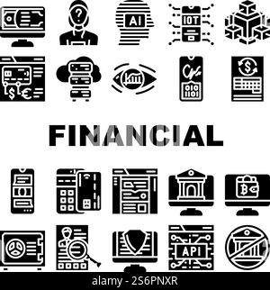 Financial Technology And Software Icons Set Vector. Api And Iot Finance Technology, Online Bank And Payment With Credit Card Pos Terminal, Money Crypto Currency Glyph Pictograms Black Illustrations. Financial Technology And Software Icons Set Vector Stock Vector