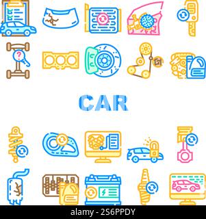 Car Service Technical Maintenance Icons Set Vector. Car Service Worker With Equipment For Repair And Computer Diagnostic Digital Analyzing, Changing Oil In Gearbox And Engine Line. Color Illustrations. Car Service Technical Maintenance Icons Set Vector Stock Vector