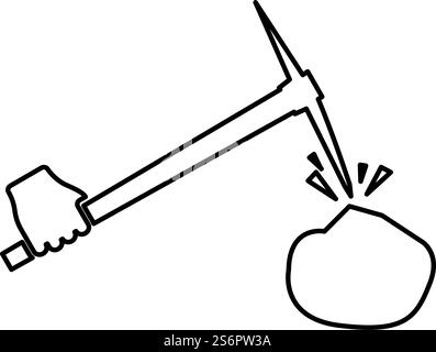 Pickaxe hit stone in hand contour outline icon black color vector illustration flat style simple image. Pickaxe hit stone in hand contour outline icon black color vector illustration flat style image Stock Vector