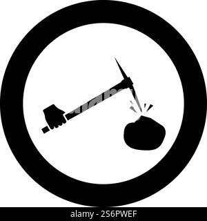 Pickaxe hit stone in hand icon in circle round black color vector ...