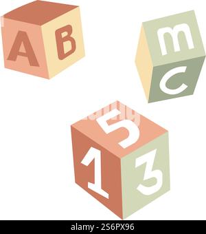 Educational toys for children to learn letters and numbers by playing. Isolated wooden cubes for development and improving skills of child. Preschool activities and studies. Vector in flat style. Wooden cube bricks with letters and numbers vector Stock Vector