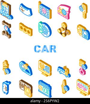 Car Service Technical Maintenance Icons Set Vector. Car Service Worker With Equipment For Repair Computer Diagnostic Digital Analyzing Changing Oil In Gearbox Engine Isometric Sign Color Illustrations. Car Service Technical Maintenance Icons Set Vector Stock Vector