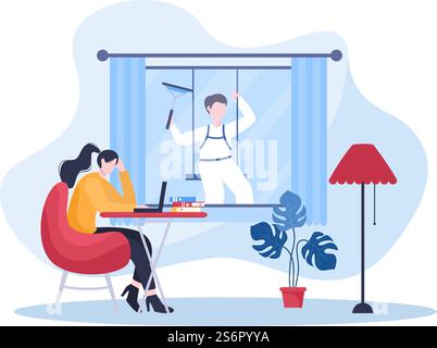 Cleaning Service Company flat Design Illustration. People Clean Wall Windows or Sweeping the Whole Room with a tool for Background, Banner and Poster Stock Vector