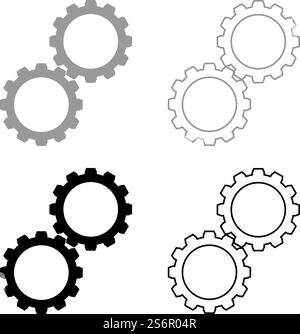 Two gears gearwheel cog set Cogwheels connected in working mechanism set icon grey black color vector illustration image simple flat style solid fill outline contour line thin. Two gears gearwheel cog set Cogwheels connected in working mechanism set icon grey black color vector illustration image flat style solid fill outline contour line thin Stock Vector