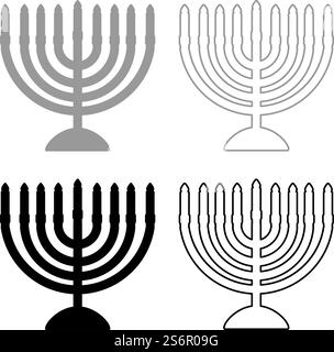 Chanukah menorah Jewish holiday candelabra with candles Israel candle holder set icon grey black color vector illustration image simple flat style solid fill outline contour line thin. Chanukah menorah Jewish holiday candelabra with candles Israel candle holder set icon grey black color vector illustration image flat style solid fill outline contour line thin Stock Vector