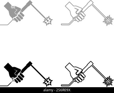 Welding machine in hand torch welder set icon grey black color vector illustration image simple flat style solid fill outline contour line thin. Welding machine in hand torch welder set icon grey black color vector illustration image flat style solid fill outline contour line thin Stock Vector