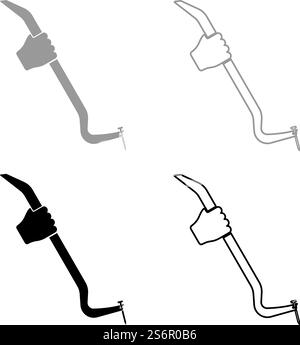 Crowbar tool in hand remove nail holder pulls set icon grey black color vector illustration image simple flat style solid fill outline contour line thin. Crowbar tool in hand remove nail holder pulls set icon grey black color vector illustration image flat style solid fill outline contour line thin Stock Vector