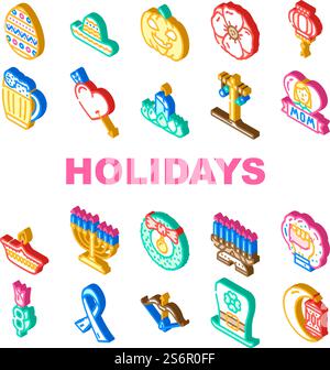Holidays Celebration Accessories Icons Set Vector. Mother And 8th March International Women Day, Holi And Halloween, Christmas Chinese New Year Celebrate Holidays Isometric Sign Color Illustrations. Holidays Celebration Accessories Icons Set Vector Stock Vector