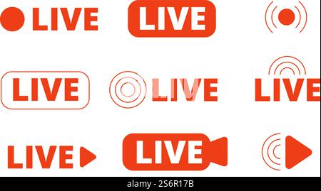 Live streaming icons. Livestream icon, stream broadcast online isolated logo. Internet video signs, utter tv radio or news media vector symbols. Illustration play stream live, streaming broadcast mark. Live streaming icons. Livestream icon, stream broadcast online isolated logo. Internet video signs, utter tv radio or news media vector symbols Stock Vector