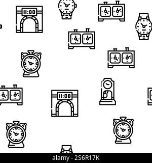 Clock And Watch Time Equipment Vector Seamless Pattern Thin Line Illustration. Clock And Watch Time Equipment Vector Seamless Pattern Stock Vector