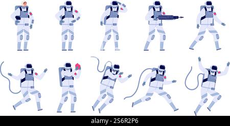 Cartoon astronaut. Flat astronauts group, astronomy party characters. Spaceman costume design, adult cosmonaut in universe utter vector set. Illustration space astronaut, spaceman cartoon. Cartoon astronaut. Flat astronauts group, astronomy party characters. Spaceman costume design, adult cosmonaut in universe utter vector set Stock Vector