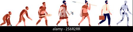 Human evolution. Animal man, business clothes person cyborg. Primitive caveman, stone ages male character, anthropology vector concept. Monkey and caveman, evolution primate development illustration. Human evolution. Animal man, business clothes person cyborg. Primitive caveman, stone ages male character, utter anthropology vector concept Stock Vector
