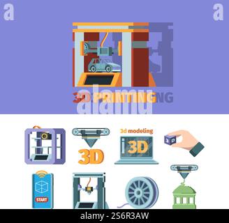 3d prints technology. Printing machine dimensional systems vector flat illustration. 3d machine printer prototype, technology model. 3d prints technology. Printing machine dimensional systems vector flat illustrations Stock Vector