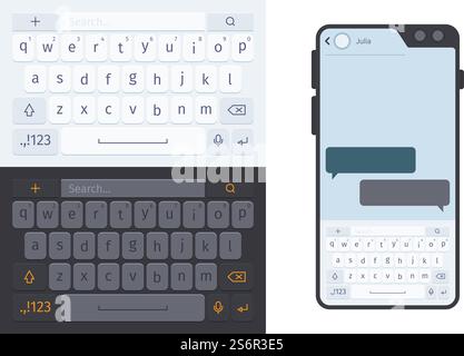 Smartphone keyboard. Numbers and letters for smartphone ui dark and white theme typing buttons garish vector template. Touchscreen communication, screen digital interface illustration. Smartphone keyboard. Numbers and letters for smartphone ui dark and white theme typing buttons garish vector template Stock Vector