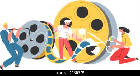 Cinematography and filmmaking industry, movies and filming, shooting of new series. Team of operators and directors producing tape. People with roll and filmed long strip. Vector in flat style. Filmmaking and shooting movies, cinematography Stock Vector