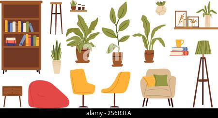 Living room furniture. Scandinavian furnitures, plants in pot, chairs and shelves with book. Isolated bookcase, scandi home accessories vector set. Illustration home interior, furniture to apartment. Living room furniture. Scandinavian furnitures, plants in pot, chairs and shelves with book. Isolated flat bookcase, scandi home accessories vector set Stock Vector