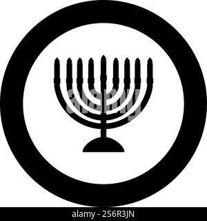 Chanukah menorah Jewish holiday candelabra with candles Israel candle holder icon in circle round black color vector illustration image solid outline style simple. Chanukah menorah Jewish holiday candelabra with candles Israel candle holder icon in circle round black color vector illustration image solid outline style Stock Vector