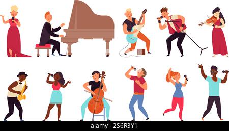 Musician and singers. People singing, rocker musicians character. Isolated cartoon rap stars, music concert or performance decent vector set. Illustration music singer, rocker young with instrument. Musician and singers. People singing, rocker musicians character. Isolated cartoon rap stars, music concert or performance decent vector set Stock Vector