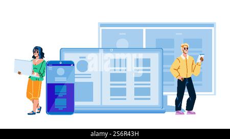 Adaptive Interface Developing Programmers Vector. Young Man And Woman Designers And Developers Making Adaptive Interface For Web Site. Characters Programming Internet Website Flat Cartoon Illustration. Adaptive Interface Developing Programmers Vector Stock Vector