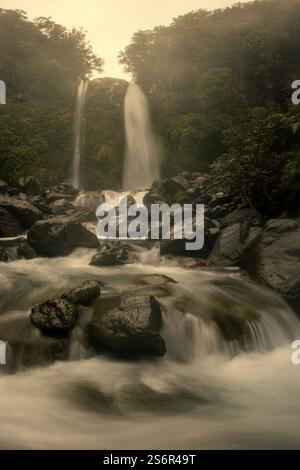 The 18-metre-high Dawson Falls waterfall cascades down in Mt Egmont National Park on New Zealand's North Island, on the edge of the Taranaki volcano. Rocks and dense rainforest line the banks of the river. Stock Photo