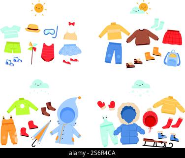 Season wardrobe. Casual clothes for different weather seasons pants jackets caps and scarf nowaday vector pictures. Illustration wardrobe spring, summer season. Season wardrobe. Casual clothes for different weather seasons pants jackets caps and scarf nowaday vector pictures Stock Vector
