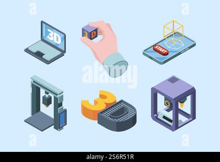 3d printing technology. Electronic smart robots volumetric prints future 3d technologies easy engineering vector isometric illustrations collection. Smart digital technology, volumetric mobility print. 3d printing technology. Electronic smart robots volumetric prints future 3d technologies easy engineering garish vector isometric illustrations collections Stock Vector