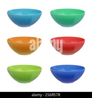 Empty bowls. Kitchen colored ceramic plates decent vector realistic bowls. Empty bowl isolated, color deep plate for food illustration. Empty bowls. Kitchen colored ceramic plates decent vector realistic bowls Stock Vector