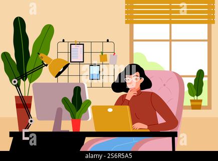 Programmer at home. Professional hacker freelancer student manager working in office nowaday vector background. Illustration computer developer, freelancer professional designer. Programmer at home. Professional hacker freelancer student manager working in office nowaday vector background Stock Vector