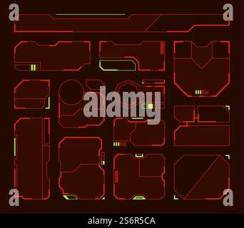 Hud elements. Futuristic frames and borders technologic panels shapes tech symbols garish vector hud set isolated. Illustration screen interface panel, dashboard border tech. Hud elements. Futuristic frames and borders technologic panels shapes tech symbols garish vector hud set isolated Stock Vector
