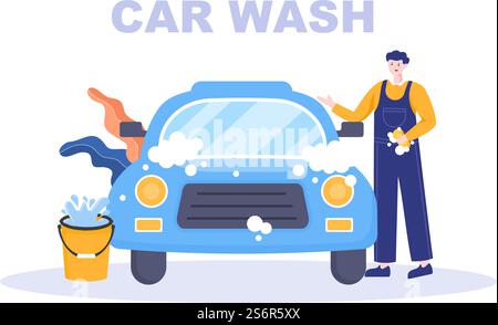 Car Wash Service Flat Design illustration. Workers Washing Automobile Using Sponges Soap and Water for Background, Poster or Banner Stock Vector
