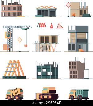 Construction complex. Engineer builders making big little houses steel and brick construction stages vector colored ortogonal style isolated. Illustration building industry, development house complex. Construction complex. Engineer builders making big little houses steel and brick construction stages garish vector colored ortogonal style pictures isolated on white Stock Vector