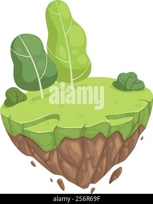 Cartoon spring park. Isometric garden location, isolated stone island with green meadow and trees. Summer recreation zone vector illustration. Green park landscape, forest environment landscaping. Cartoon spring park. Isometric garden location, isolated stone island with green meadow and trees. Summer recreation zone vector illustration Stock Vector