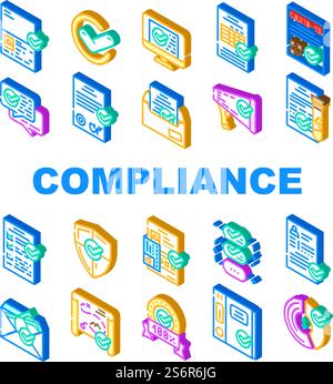 Compliance Quality Procedure Icons Set Vector. Compliance Passport And Covid Certificate, Approval Conversation And Check List, Cv And Documentation Isometric Sign Color Illustrations. Compliance Quality Procedure Icons Set Vector Stock Vector