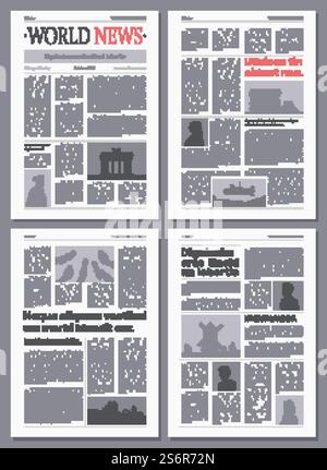Newspaper. Wireframes front pages of brochures or paper magazine graphic design layout garish vector templates. Newspaper page paper, information headline front, press article illustration. Newspaper. Wireframes front pages of brochures or paper magazine graphic design layout garish vector templates Stock Vector