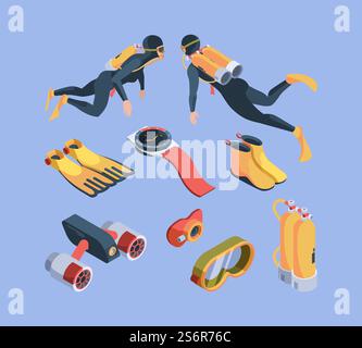 Diving club. Isometric underwater sport items for divers flippers breathing tube air tanks bathyscaphe garish vector. Swimming underwater isometric illustration. Diving club. Isometric underwater sport items for divers flippers breathing tube air tanks bathyscaphe garish vector Stock Vector