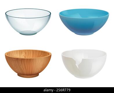 Bowl realistic. White ceramic wooden glass cooking dishes for food elegant transparent containers decent vector collection set. Illustration dish household, kitchenware or tableware. Bowl realistic. White ceramic wooden glass cooking dishes for food elegant transparent containers decent vector collection set Stock Vector