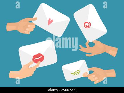 Hands hold envelopes. Postcrossing, doodle letters or post vector illustration. Letter message, valentine envelope mail, postcard with red heart. Hands hold envelopes. Postcrossing, doodle letters or post vector illustration Stock Vector