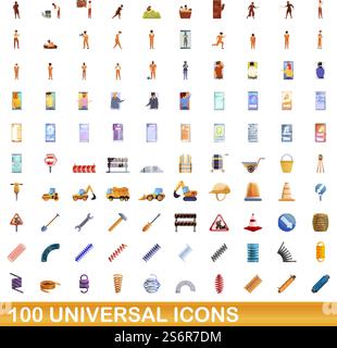 100 universal icons set. Cartoon illustration of 100 universal icons vector set isolated on white background. 100 universal icons set, cartoon style Stock Vector
