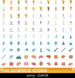 100 science icons set. Cartoon illustration of 100 science icons vector set isolated on white background. 100 science icons set, cartoon style Stock Vector