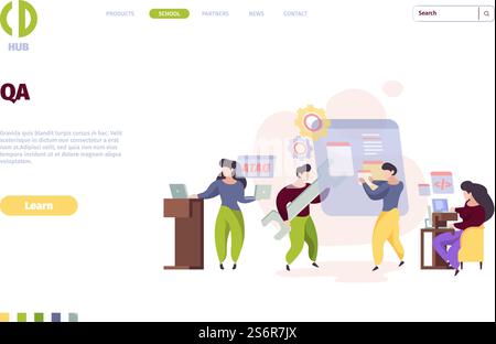 Qa landing page. Web app testing software programming bugs fixing online prototype garish vector template. Software computer test, web bug illustration. Qa landing page. Web app testing software programming bugs fixing online prototype garish vector template Stock Vector