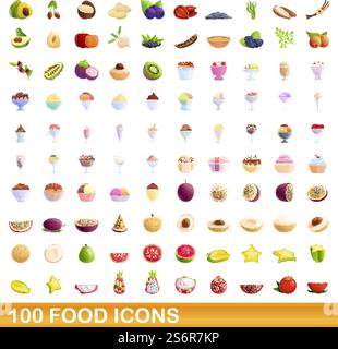 100 food icons set. Cartoon illustration of 100 food icons vector set isolated on white background. 100 food icons set, cartoon style Stock Vector