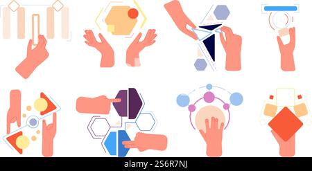 Cooperation metaphor. Hands collect abstract geometric shapes. Business solution, collaboration or teamwork. Creative analytics utter vector concept. Illustration teamwork abstract metaphor. Cooperation metaphor. Hands collect abstract geometric shapes. Business solution, collaboration or teamwork. Creative analytics utter vector concept Stock Vector