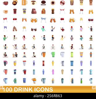 100 drink icons set. Cartoon illustration of 100 drink icons vector set isolated on white background. 100 drink icons set, cartoon style Stock Vector