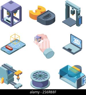 3d printing. Engineers planning buildings projects 3d modelling on smart printers garish vector isometric pictures set isolated. Illustration project model, print isometric equipment. 3d printing. Engineers planning buildings projects 3d modelling on smart printers garish vector isometric pictures set isolated Stock Vector