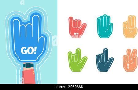 Fans fingers. Hands gestures for stylized cheering gloves victory thumbs up two one fingers vector symbols isolated on white background. Number glove souvenir to support competition team illustration. Fans fingers. Hands gestures for stylized cheering gloves victory thumbs up two one fingers garish vector flat symbols isolated on white background Stock Vector
